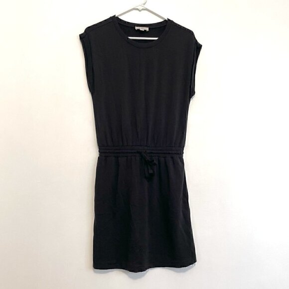 ANN TAYLOR LOFT Outlet Solid Black Cuffed Short Sleeve Drawstring Waist Dress XS - Picture 2 of 14